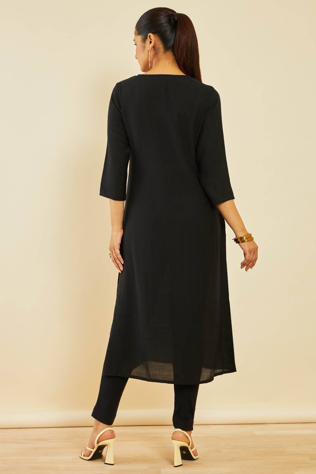 Black Viscose Blend Straight Kurta with Floral Cutdana Work - View 5