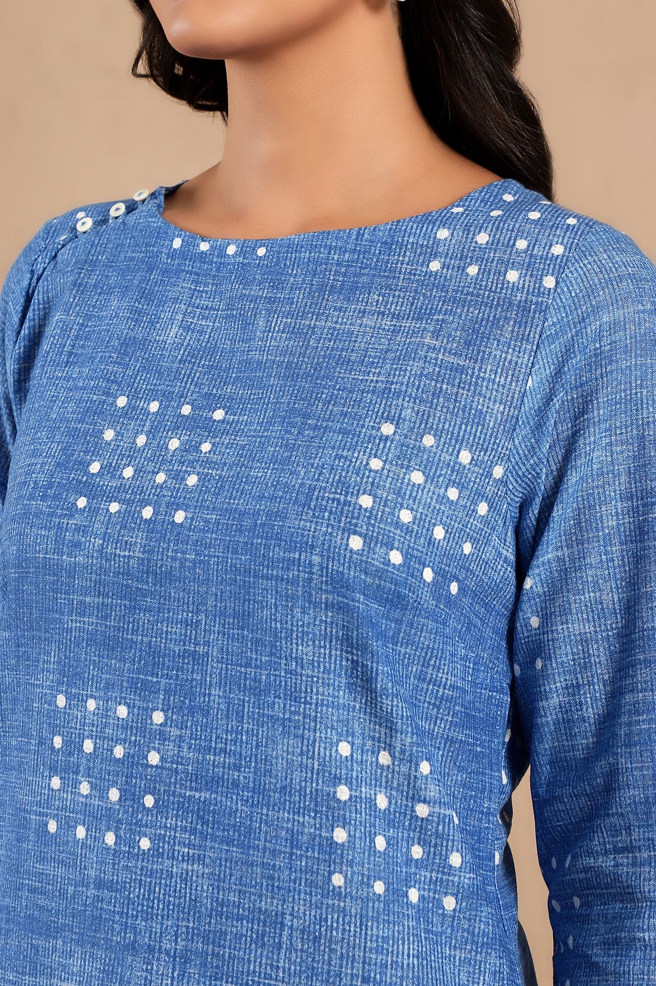 Blue Polka Dot Printed Pure Cotton Straight Kurta and Pants Co-ord Set - View 3