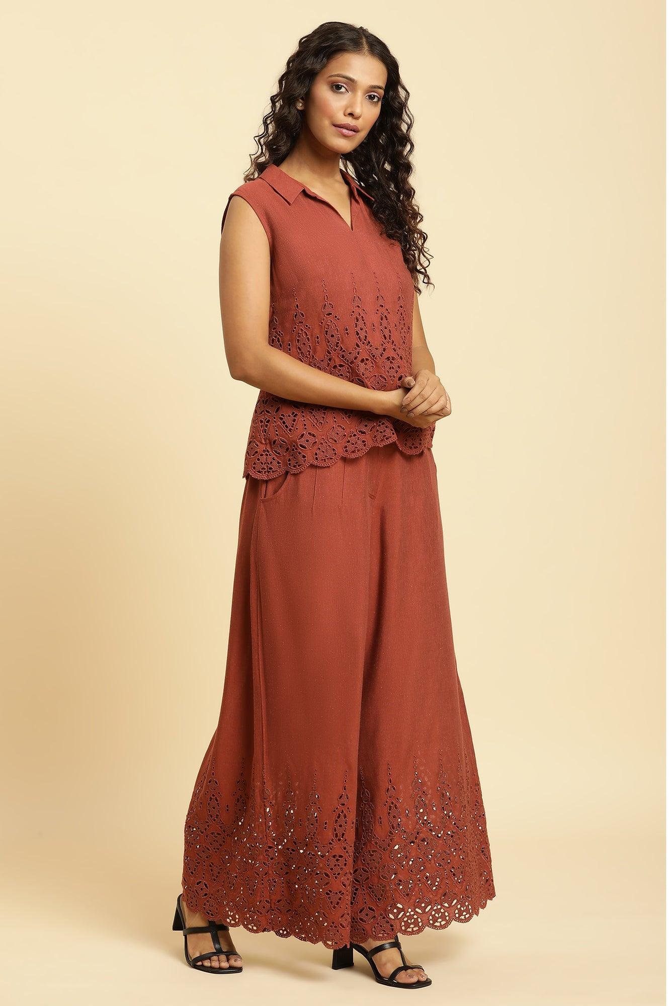 Dark Red Cotton Schiffli Top And Pants Co-Ord Set - View 3