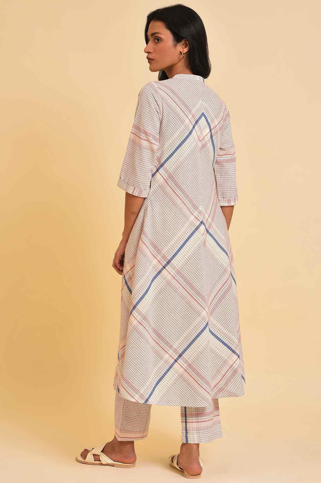 Ecru Bold Checks A-Line kurta &amp; Pants Co-Ord Set - View 8